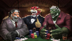  16:9 2022 ace_of_spades alcohol angry anthro beard beverage black_bow_tie black_clothing black_hair black_suit blue_eyes bow_tie brown_eyes candle card casino chandelier chest_tuft claws clothing clubs_(suit) container cup diamonds_(suit) dragon dress_shirt eyebrow_slit eyebrows facial_hair facial_markings felid finger_claws fist fur gambling gesture green_body green_fur grey_clothing grey_suit hair hand_gesture hand_on_shoulder head_markings hearts_(suit) hi_res horn ice_cube male mammal markings moner multicolored_body multicolored_fur multicolored_scales mythological_creature mythological_scalie mythology necktie orange_body orange_fur pantherine playing_card poker poker_chip poker_table red_clothing red_hair red_necktie red_shirt red_topwear rukelen scales scalie shirt signature solo spades_(suit) striped_body striped_scales stripes suit suit_symbol thumbs_up tiger topwear tuez_(sollyz) tuft two_tone_body two_tone_scales upset wediz_(sollyz) whiskers whiskey white_body white_clothing white_fur white_hair white_scales white_shirt white_topwear widescreen yellow_body yellow_scales 