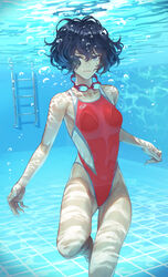  air_bubble asics barefoot breasts bubble caustics closed_mouth competition_swimsuit feet_out_of_frame female frown goggles goggles_around_neck highleg highleg_swimsuit highres holding_breath kaoming looking_at_viewer nanjou_ao one-piece_swimsuit original pool pool_ladder short_hair solo submerged swimsuit underwater wavy_hair wet wet_clothes wet_swimsuit white_one-piece_swimsuit 