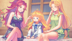  3girls ^^^ ahoge anbe_yoshirou angela_(seiken_densetsu_3) barefoot bed breasts charlotte_(seiken_densetsu_3) cleavage closed_eyes frilled_shorts frills green_eyes grin hair_intakes hand_in_another&#039;s_hair highres jitome long_hair looking_at_another low-tied_long_hair multiple_girls nightgown on_bed pajamas pointy_ears purple_eyes rabite_(seiken_densetsu) riesz seiken_densetsu seiken_densetsu_3 shorts sitting smile window 