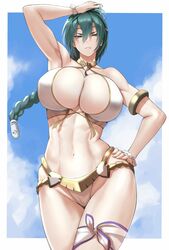  abs absurdres anagumasan arm_up armpits bare_shoulders bikini blue_sky bracelet braid breasts circlet cleavage closed_mouth cloud cloudy_sky collarbone curvy day female fingernails fire_emblem fire_emblem_heroes gold_trim green_hair hair_ornament halterneck hand_on_own_hip highleg highleg_bikini highres huge_breasts jewelry lips long_hair looking_at_viewer navel official_alternate_costume outdoors simple_background single_braid sky solo stomach swimsuit thigh_strap thighs thorr_(fire_emblem) white_bikini yellow_eyes 