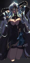  arms_up black_dress blindfold breasts cleavage_cutout clothing_cutout dark-skinned_female dark_skin draph dress facing_viewer fangs fediel_(granblue_fantasy) fediel_(soul_soother&#039;s_finery)_(granblue_fantasy) female granblue_fantasy grey_hair highres horns ikenotori kneeling large_breasts long_hair long_sleeves open_mouth parted_bangs solo thigh_strap tongue tongue_out turtleneck twitter_username very_long_hair 