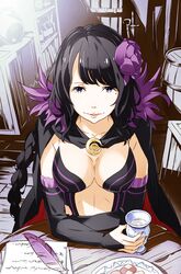  bad_id bad_pixiv_id black_bridal_gauntlets black_cloak black_hair blush breasts bridal_gauntlets clasp cloak colorized cookie cup ddukae elsa_granhilte female food frilled_bridal_gauntlets hair_ornament highres lips long_hair multicolored_cloak ootsuka_shin&#039;ichirou purple_eyes purple_trim re:zero_kara_hajimeru_isekai_seikatsu red_lining solo third-party_edit two-sided_cloak two-sided_fabric 