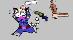  aliasing anthro biskit_(final_space) bodily_fluids clothed clothing crying digital_media_(artwork) duo eyewear felid final_space goggles grey_background hand_on_head lump male mammal pantherine rhonbon running simple_background tears tiger ventrexian 