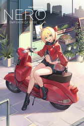  :d ahoge bangs black_footwear black_gloves black_shirt black_shorts blonde_hair boots bow character_name commentary_request crop_top day fate/extra fate_(series) female fingerless_gloves flower gloves green_eyes hair_between_eyes hair_intakes hairbow head_tilt headwear_removed helmet helmet_removed highres jacket long_sleeves looking_at_viewer midriff motorcycle_helmet navel nero_claudius_(fate) nero_claudius_(fate)_(all) nian open_mouth outdoors plant ponytail potted_plant red_bow red_flower red_jacket shirt short_shorts shorts sitting smile solo v-shaped_eyebrows 