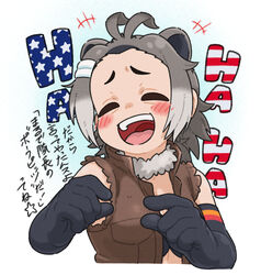  +++ :d american_beaver_(kemono_friends) american_flag animal_ears antenna_hair appleq bare_shoulders beaver_ears black_gloves blush brown_vest check_commentary check_translation closed_eyes collared_vest commentary_request detached_collar elbow_gloves female fur_collar furrowed_brow gloves grey_hair hair_ornament hairclip high_collar highres kemono_friends laughing long_hair multicolored_hair open_mouth sidelocks smile solo teeth torn_clothes torn_sleeves translation_request upper_body upper_teeth_only vest 