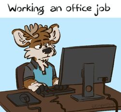  anthro black_clothing black_shirt black_topwear blue_background blue_clothing blue_shirt blue_topwear clothing computer computer_monitor computer_mouse darwin_(tinydeerguy) deer electronics english_text hi_res keyboard male mammal mousepad polo_shirt shirt simple_background solo text tinydeerguy topwear 