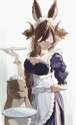  alternate_costume animal_ears apron black_dress blindfold braid braided_ponytail breasts brown_hair choker cleavage closed_mouth dress feet_out_of_frame female galleon_(granblue_fantasy) gloves granblue_fantasy hand_up highres hip_vent holding holding_tray horns ikenotori large_breasts long_hair maid_day maid_headdress multicolored_hair pointy_ears smile solo standing streaked_hair stuffed_toy thigh_strap tray twitter_username waist_apron white_gloves 