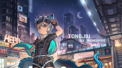  1boy absurdres city_lights closed_mouth commentary commission crescent crescent_moon english_commentary highres lolicon looking_at_viewer male_focus moon night original outdoors solo whinghope 