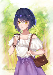  alternate_costume bag bare_shoulders blue_hair casual commentary commentary_request contemporary cup disposable_cup drinking_straw female forest genshin_impact hand_up handbag holding holding_cup kujou_sara maron_star nature off-shoulder_shirt off_shoulder outdoors partial_commentary purple_skirt shirt short_hair short_sleeves skirt solo tree upper_body white_shirt yellow_eyes 