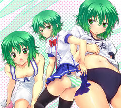  :o ass black_thighhighs buruma clothes_lift commentary_request downblouse dress female green_hair gym_uniform ichiban_ushiro_no_daimaou korone_(ichiban_ushiro_no_daimaou) navel panties photoshop_(medium) rabbit_tail school_uniform shirt_lift skirt skirt_lift striped_clothes striped_panties sundress tail thighhighs tissue_box tsujigiri underwear 