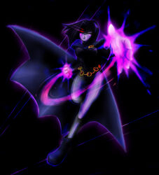  aura bare_legs cape cloak colored_skin commentary_request dc_comics female glowing glowing_eyes grey_skin ladama legs leotard photoshop_(medium) raven_(dc) red_eyes short_hair solo teen_titans 