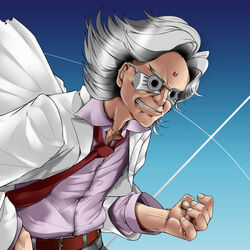  1boy battle_angel_alita bowalia commentary_request cyberpunk cyborg desty_nova evil_grin evil_smile grey_hair grin hands lab_coat male_focus necktie old old_man photoshop_(medium) science_fiction smile solo 