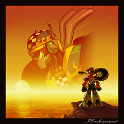  2boys android arms_at_sides black_border border cliff english_text gradient_sky helmet male_focus mega_man_(classic) mega_man_(series) mega_man_10 mega_man_7 multiple_boys nitro_man ocean orange_sky outdoors photoshop_(medium) signature sky standing star_(sky) sun sunglasses sunset turbo_man twilight 