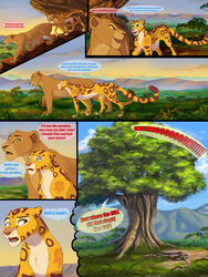  2023 blue_eyes bush cheetah clouds comic comic_page detailed_background disney felid feline female female_only feral feral_only fuli grass green_eyes lion lioness lynxbrush morning mountain nala sfw shrub sky speech_bubble text the_lion_guard the_lion_king tree yellow_fur 