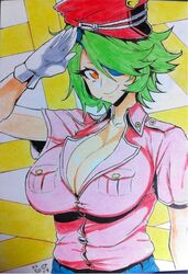  breasts female gloves green_hair hat huge_breasts meme50 otonashi_kiruko police police_uniform policewoman shinmai_fukei_kiruko-san short_hair solo uniform 