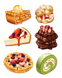  apple_pie blackberry_(fruit) blueberry brownie_(food) cake caramel cheesecake chocolate chocolate_syrup commentary cream_puff dessert food food_focus fruit highres honey ice_cream matcha_(food) no_humans original pie powdered_sugar rare_cheesecake simple_background still_life strawberry strawberry_syrup swiss_roll tokie_(tokie-mizu) waffle whipped_cream white_background 