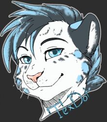  anthro con_badge digital_media_(artwork) english_text eyebrows felid fur hair headshot_portrait hi_res looking_at_viewer male mammal monstercheetah pantherine portrait signature simple_background smile snow_leopard solo text victory_(texdot) whiskers 