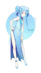  blue_dress blue_eyes blue_footwear blue_hair blue_ribbon blue_theme bluebell blush character_name china_dress chinese_clothes commentary_request double_bun dress ekita_kuro female full_body hair_bun hair_ribbon highres katekyo_hitman_reborn! looking_back parted_lips pelvic_curtain ribbon shoes solo standing twitter_username 