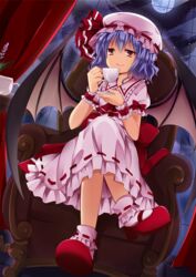  bat_wings bow chair commentary_request crossed_legs cup dress dutch_angle female frilled_shirt_collar frilled_sleeves frills full_moon hat hat_ribbon holding indoors k-rumi looking_at_viewer mary_janes moon night night_sky oerba_yun_fang pink_dress puffy_short_sleeves puffy_sleeves purple_hair red_bow red_eyes red_ribbon remilia_scarlet ribbon shoes short_hair short_sleeves sitting sky smile socks solo teacup touhou window wings wrist_cuffs 