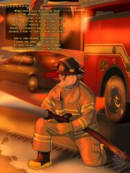  3:4 anthro armor biped black_nose canid canine canis car clothed clothing digital_media_(artwork) domestic_dog english_text fire_hose firefighter firefighter_helmet footwear front_view full-length_portrait fully_clothed headgear helmet hero hi_res hose husky kneeling male mammal nordic_sled_dog on_one_knee poetry portrait sidewalk simple_background solo spitz text three-quarter_view turnout_gear uniform vallhound vehicle warm_colors water 