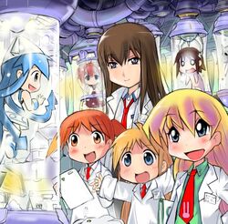  6+girls akaza_akari azumanga_daiou blonde_hair blue_eyes blue_hair brown_eyes brown_hair commentary_request crossover ikamusume kill_me_baby lab_coat long_hair makise_kurisu mihama_chiyo multiple_girls necktie nichijou oribe_yasuna pani_poni_dash! pink_hair professor_shinonome rebecca_miyamoto red_necktie science shinryaku!_ikamusume short_hair stasis_tank steins;gate t2 trait_connection twintails yuru_yuri 