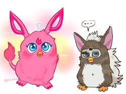  avian beak blue_eyes brown_body brown_fur duo ellipsis fur furby furby_(species) furby_connect green_eyes pink_body pink_fur sparkles tinitoybox 