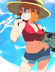  1girls aetherion_art belly belly_button big_breasts breasts cleavage crop_top exposed_midriff female female_only grin midriff monkey_d_luffy_(cosplay) nami one_piece orange_hair pirate pirate_flag pre-timeskip red_topwear scar sea seaside short_hair short_shorts shorts solo straw_hat wave 