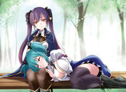  2girls :3 aqua_hair arm_under_breasts assault_lily bench between_breasts black_footwear black_necktie black_ribbon black_thighhighs blue_cloak blue_skirt boots breasts brown_thighhighs cleavage cleavage_cutout cloak closed_eyes closed_mouth clothing_cutout collared_shirt commentary_request day feet_out_of_frame frilled_shirt frills hair_between_eyes hair_ribbon hand_on_another&#039;s_head hand_on_another&#039;s_thigh hand_up hands_up head_tilt high-waist_skirt hishida_haru juliet_sleeves knee_boots lap_pillow large_breasts light_particles long_hair long_sleeves looking_at_another looking_down lying medium_breasts miniskirt multiple_girls necktie necktie_between_breasts on_bench on_side outdoors puffy_sleeves purple_hair ribbon school_uniform shirt short_hair short_twintails sitting skirt smile suzuki_chinami thighhighs tree twintails urutsu_sahari very_long_hair white_shirt yellow_eyes yellow_ribbon yuri 