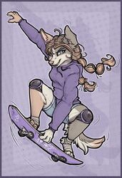  2023 action_pose anthro blue_eyes bottomwear canid clothing cotton_(yshanii) female fur grey_body grey_fur grin hair hi_res hoodie mammal pink_nose pose purple_background purple_clothing purple_hoodie purple_topwear shorts simple_background skateboard skateboarding smile solo topwear vehicle white_body white_fur yshanii 