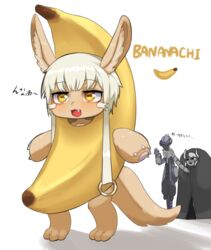  1boy 1other :3 androgynous animal_ears banana banana_costume bondrewd commentary female food fruit furry highres looking_at_another looking_at_viewer made_in_abyss meme nanachi_(made_in_abyss) nyxkz oerba_yun_fang open_mouth ozen pun sad_banana_cat_(meme) short_hair smile strangling translated white_hair yellow_eyes 