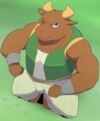  anthro blue_eyes bottomwear bovid bovine brown_body brown_fur clothed clothing cuff_(restraint) european_mythology fully_clothed fur greek_mythology horn male mammal minotaur minotauros_(puyo_puyo) muscular muscular_male mythology pants puyo_puyo restraints scar sega shirosaru shirt solo tank_top topwear vest wrist_cuffs 