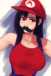  absurdres black_hair blush breasts collarbone commentary cosplay english_commentary facial_hair female final_fantasy final_fantasy_vii hat highres italian_senate_porn_livestream_(meme) large_breasts long_hair looking_at_viewer mario mario_(cosplay) mario_(series) meme moustache raichiyo33 red_eyes red_hat solo sweat tifa_lockhart upper_body 