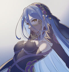  azura_(fire_emblem) azura_(performing_arts)_(fire_emblem) black_dress black_sleeves breasts detached_sleeves dress female fire_emblem fire_emblem_fates fire_emblem_heroes floating_hair grey_background highres karashino long_hair mouth_veil official_alternate_costume parted_lips see-through sideboob small_breasts solo strapless strapless_dress twitter_username upper_body veil very_long_hair yellow_eyes 