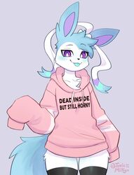  2022 ambiguous_gender anthro anthrofied biped black_text blep blue_blush blue_body blue_fur blush clothing dead_inside_but_still_horny_(meme) digital_drawing_(artwork) digital_media_(artwork) eeveelution english_text eyebrows femboy footwear fur generation_6_pokemon half-length_portrait head_tuft heart_symbol hi_res hoodie legwear looking_at_viewer male male_anthro meme meme_clothing milk_the_sylveon_(toxicmilkyx) nintendo oversized_clothing oversized_hoodie oversized_sleeves oversized_topwear pokemon pokemon_(species) portrait purple_eyes shaded shirt signature simple_background sleeves_past_wrists socks solo suggestive_shirt suggestive_topwear sylveon tail text text_on_clothing text_on_hoodie text_on_shirt text_on_topwear thigh_highs thigh_socks tongue tongue_out topwear toxicmilkyx trans_(lore) trans_man_(lore) tuft white_body white_fur 