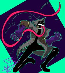  1boy dark-skinned_male dark_skin faceless_male gr8p_ju1ce grapejuicerulez hood long_tongue purple_gloves sharp_teeth signature simple_background tagme teeth_visible trenchcoat 