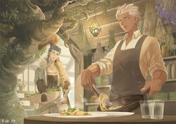  2boys apron archer_(fate) basket belt blue_hair bracelet capelet collarbone collared_shirt cooking cu_chulainn_(caster)_(fate) cu_chulainn_(fate) cup dark-skinned_male dark_skin earrings fate/grand_order fate/stay_night fate_(series) fire flower food frying_pan fur-trimmed_hood fur_trim grey_eyes herb herb_bundle holding holding_basket hood hood_down hooded_capelet indoors jewelry lamp long_hair looking_at_another male_focus multiple_boys noodles open_mouth plate red_eyes ro_(pixiv34009774) shirt short_hair skin_tight sleeves_rolled_up smile spiked_hair staff tongs tree vambraces white_hair wooden_staff 