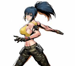  bare_shoulders blue_eyes blue_hair breasts camouflage camouflage_pants crop_top earrings female gloves jewelry large_breasts leona_heidern looking_at_viewer metal_slug metal_slug_attack midriff muscular muscular_female navel official_art pants ponytail pouch senno_aki sideboob solo tank_top the_king_of_fighters the_king_of_fighters_xiv toned triangle_earrings twisted_torso yellow_tank_top 