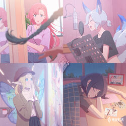  4girls :d animal_ears arena_of_valor black_hair black_skirt blonde_hair blue_hair blue_wings braid brown_jacket character_request closed_eyes desk fairy_wings headphones headphones_removed highres indoors jacket kitsune long_hair microphone multiple_girls night open_mouth pants photo_(object) pointy_ears pop_filter purple_shirt shirt short_hair skirt sleeping smile vivid507 watermark window wings 