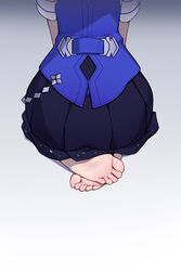  absurdres ass barefoot blue_shirt blue_vest feet female grey_background highres honkai_(series) honkai_impact_3rd neprbq seele_vollerei seele_vollerei_(swallowtail_phantasm) seiza shadow shirt short_sleeves sitting soles solo toes vest 