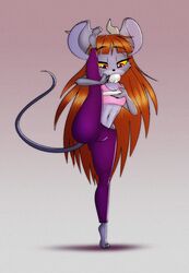  2_horns anthro auburn_hair barefoot big_ears bottomwear casual_clothing clothing container crop_top cup dracojeff drayjay feet female flexible freckles fur gesture gradient_background grey_body grey_fur hair horn long_hair long_tail mammal mouse murid murine on_one_leg one_leg_up pants purple_bottomwear purple_clothing purple_pants raised_finger raised_leg raised_pinky red_eyes rodent saucer shirt simple_background solo splits spread_legs spreading standing standing_on_toes tail tea_cup topwear vertical_splits wide_hips yellow_eyes yoga_pants 