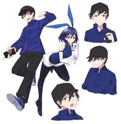  1boy :o animal_ears aroha_j ass baseball_cap black_hair black_legwear blue_hair blue_shirt breasts brown_eyes cellphone clenched_hand commentary_request detached_sleeves female hat highres leaning_forward long_sleeves multiple_views open_mouth original pantyhose phone rabbit_ears shirt simple_background small_breasts smartphone smirk standing standing_on_one_leg white_background 