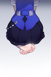  absurdres ass barefoot blue_shirt blue_vest feet female grey_background highres honkai_(series) honkai_impact_3rd neprbq no_shoes seele_vollerei seele_vollerei_(swallowtail_phantasm) seiza shadow shirt short_sleeves sitting soles solo toes vest 