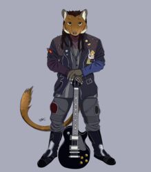  absurd_res anthro boots bottomwear clothing dave_lister_(red_dwarf) dreadlocks english_text footwear gerbil guitar hi_res jacket male mammal murid musical_instrument pants plucked_string_instrument red_dwarf ring_(jewelry) rocker rodent solo ssnowstalker string_instrument text topwear 