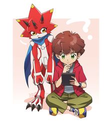  1boy ? amanokawa_hiro betelgammamon blue_scarf border brown_hair digimon digimon_(creature) digimon_ghost_game eyelashes fon-due_(fonfon) full_body green_eyes green_pants grey_shirt holding holding_tablet_pc hood hooded_jacket jacket looking_at_screen male_focus open_mouth pants red_jacket scarf shirt shoes short_hair sitting tablet_pc white_border yellow_footwear 