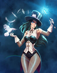  1girls 2020 bird black_hair blue_eyes bolo_tie card dc_comics gloves hourglass_figure leotard long_black_hair long_hair magic_wand opcrom safe safe_for_work sfw thick_thighs top_hat zatanna_zatara 