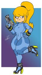  2018 blindstash blonde_hair bodysuit breasts female hand_on_hip heels metroid mole nintendo pistol samus_aran skin_tight solo thick_thighs wide_hips zero_suit_samus 