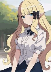  blonde_female blonde_hair blouse blue_eyes blue_skirt blush bowtie bowtie_collar breasts elf elf_ears elf_female female female_focus girl girls hair hair_accessory hair_ornament long_hair looking_at_viewer saren_(princess_connect!) shadow shirt sitting_down sixteenpo skirt thighs white_blouse white_body white_skin white_skinned_female 