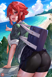  1girls aizawa_tomo ass bag beach bike_shorts black_shorts blurry blurry_background blush breasts clothes_lift cloud commentary dat_ass day english_commentary enmanuelart20 female from_behind green_jacket hair_between_eyes highres horizon jacket large_breasts leaning_forward looking_at_viewer looking_back necktie ocean oerba_yun_fang offering offering_to_viewer open_mouth outdoors palm_tree patreon_logo patreon_username pointing red_eyes red_hair round_ass school_bag school_uniform schoolgirl shirt short_hair shorts skin_fang skirt skirt_lift smile solo spats thighs tomboy tomo-chan_wa_onna_no_ko tree water watermark web_address white_shirt 