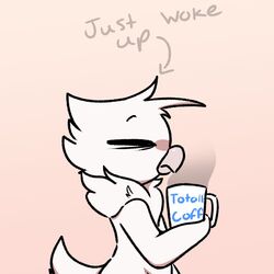  2022 ambiguous_anthro ambiguous_gender anthro avian beak beverage biped bird blue_text closed_eyes coffee coffee_mug digital_media_(artwork) directional_arrow english_text feathers grey_text hair holding_beverage holding_coffee holding_coffee_mug holding_object just_woke_up monotone_body monotone_feathers mug nude nude_anthro nude_male pink_background riley_(giidenuts) side_view simple_background solo tail text text_on_mug white_arms white_body white_feathers white_hair white_legs white_mug white_tail yosshidoragon 