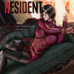  1girls ada_wong asian asian_female bdsm black_hair bondage couch crotch_rope cute dialogue english_text female female_only fully_clothed harness highres liang_xing petite resident_evil resident_evil_4 resident_evil_4_remake short_hair solo sweater sweater_dress text thigh_boots thighhigh_boots tied_hands tied_up turtleneck_sweater 